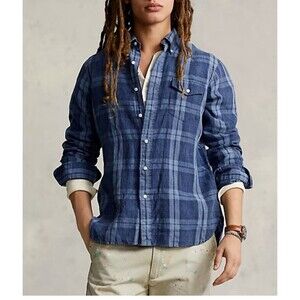 Polo Ralph Lauren Classic Fit Indigo Blue Plaid LS Linen Shirt Men's Sz M Preppy